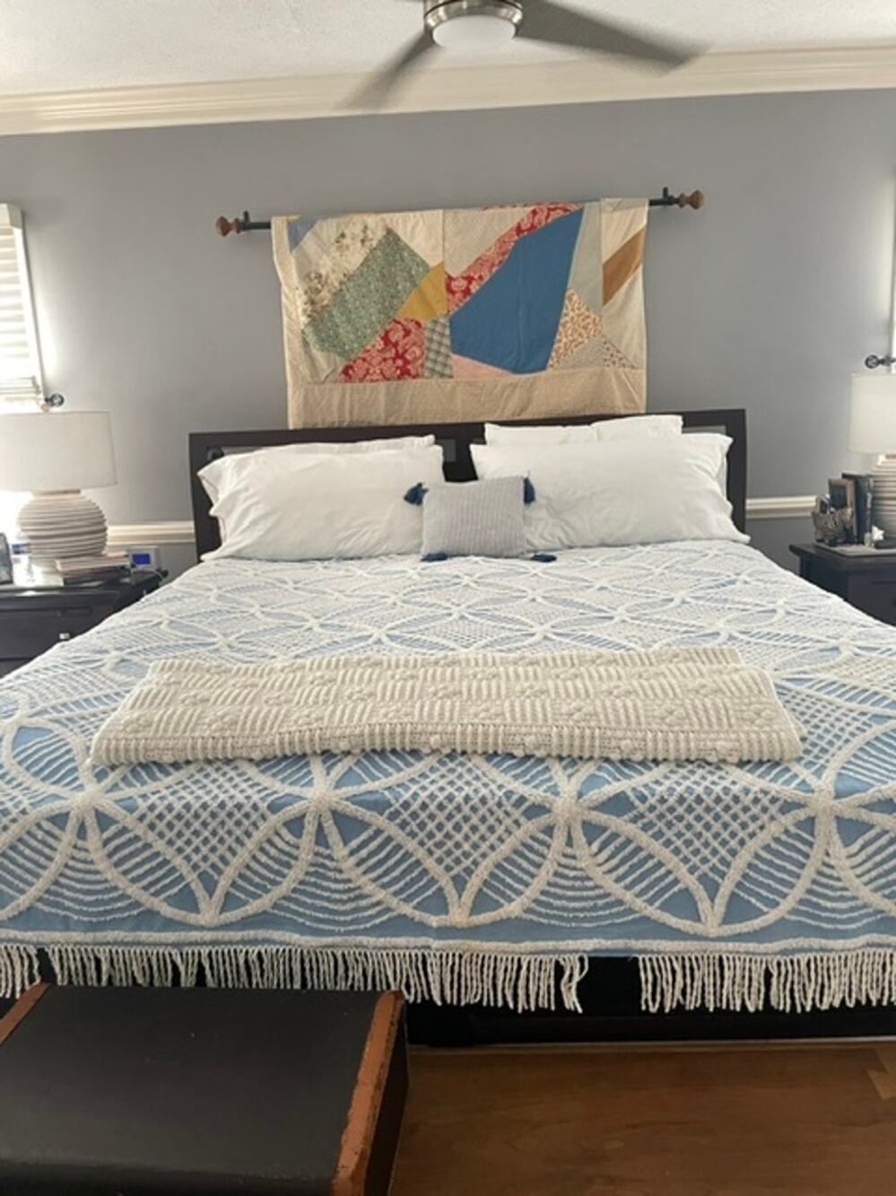 Vintage Blue White Chenille Bedspread 90x96 Full Queen Cottagecore Shabby Chic